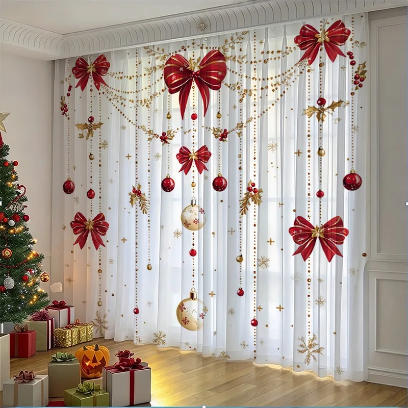 2PCS Christmas Sheer Curtains, Red Bow Gold Bead Garland Bauble, Digital Print, Bedroom Living Room, Rod Pocket Polyester