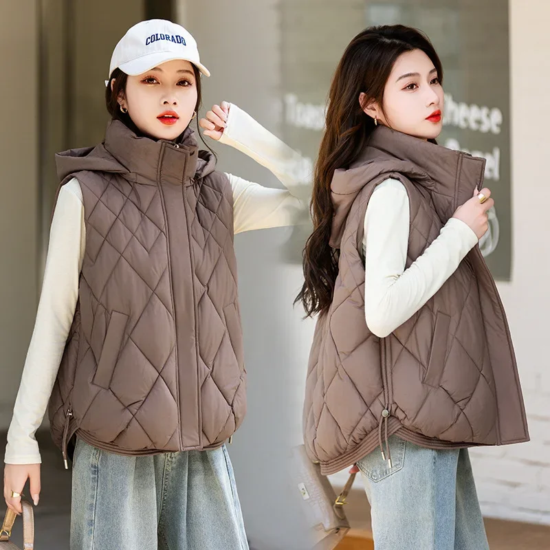 

2024 Down Cotton Vest Women Parka Short Autumn Winter Jacket Coat New Korean Hooded Sleeveless Jacket Warm Female Waistcoat Tops