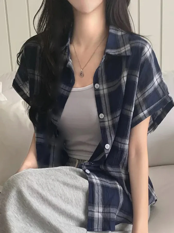 

Ретро-рубашка-жакет в клетку для женщин, тонкая, летняя, новинка 2026 года, на одной пуговице, с отложным воротником, с коротким рукавом, свободного кроя, летняя рубашка