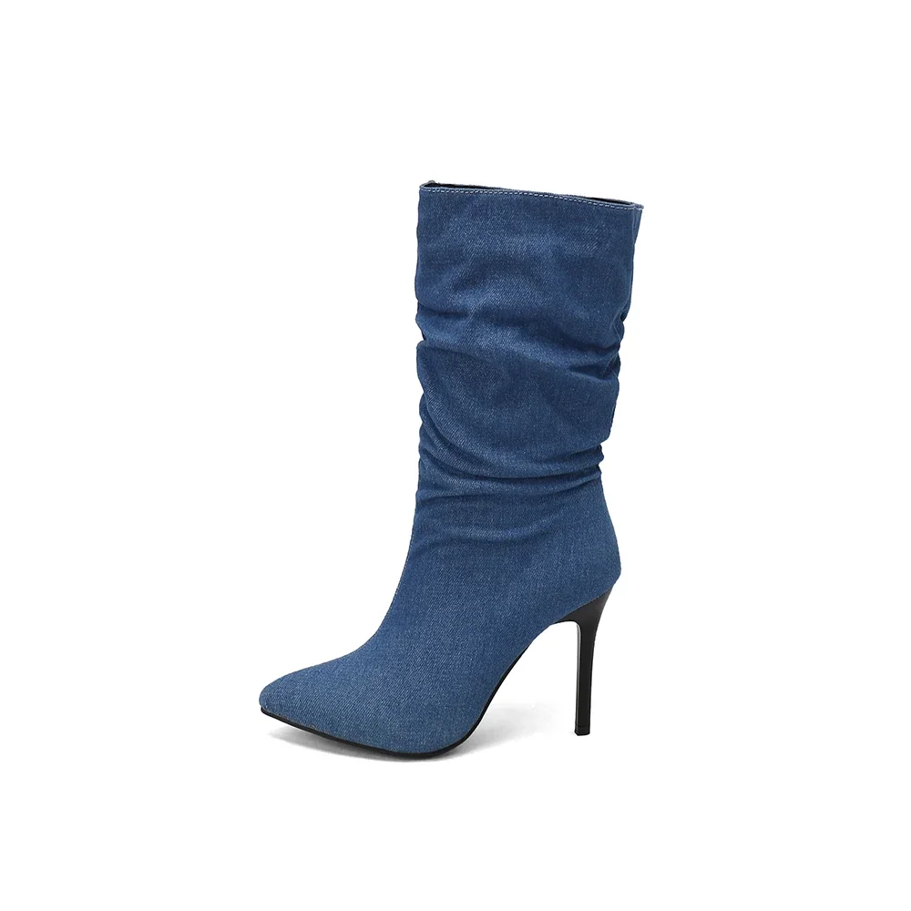 New Winter Fashion Blue Black Women Mid Calf Slouch Boots High Stiletto Heels Lady Dress Shoes Plus Big Size 11 43 45 48 view 3