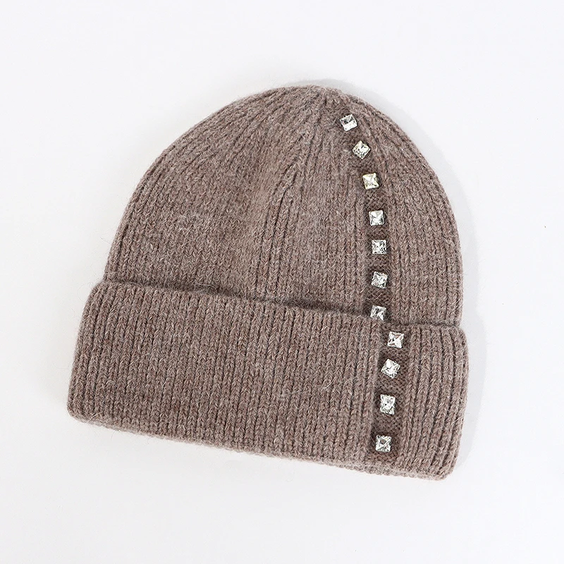 Angora Hat Rhinestone Women Winter Knit Beanie Autumn Warm Solid Color Skiing Accessory For Sports Outdoor Holiday