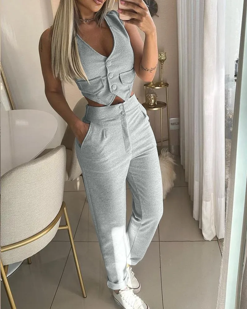 Two Piece Set Women Outfit Summer Fashion V-Neck Buttoned Sleeveless Vest Top & Casual High Waist Pocket Daily Pants Set