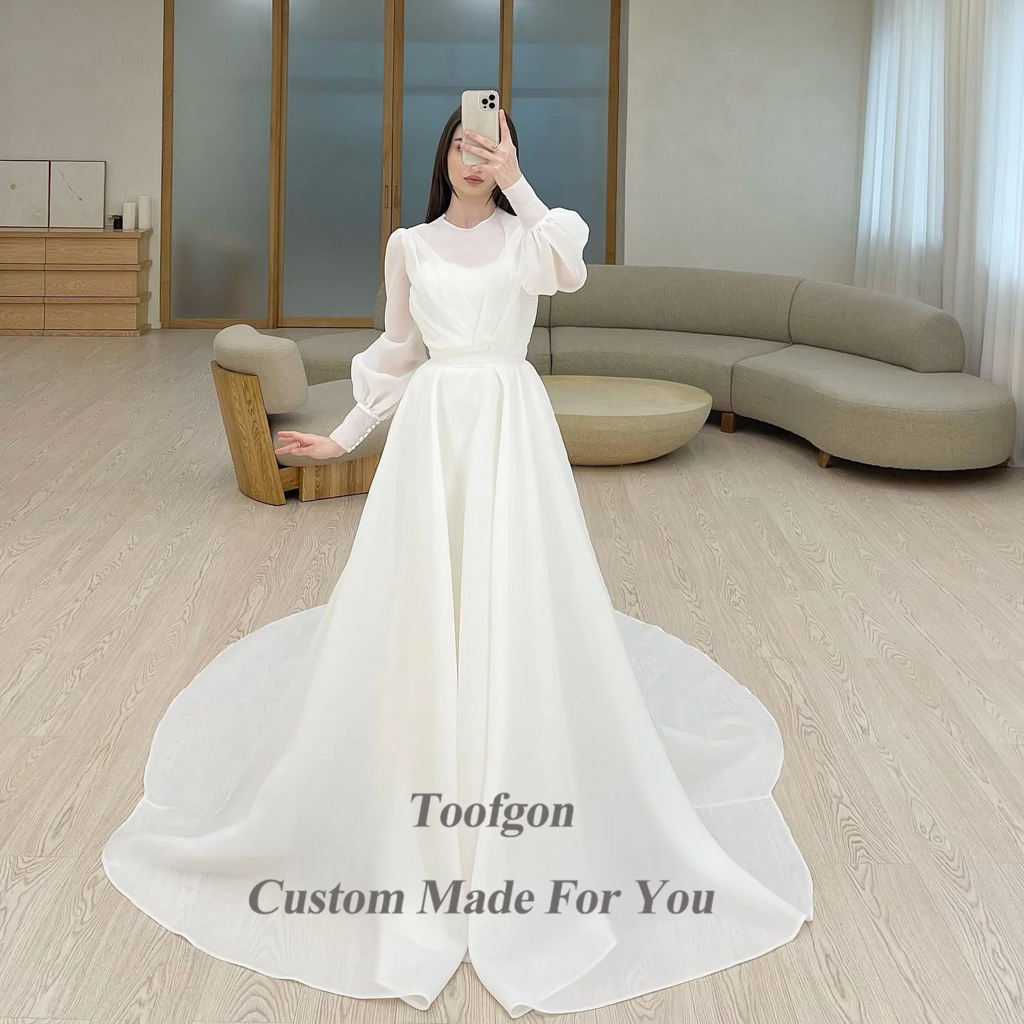 Toofgon abiti da sposa in Organza avorio una linea maniche lunghe bottoni abito da sposa da sposa o-collo abito da sposa principessa da festa formale