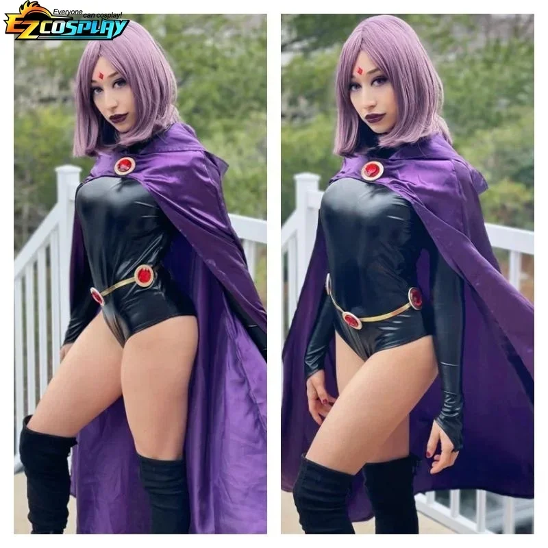 Teen Titans Raven Cosplay Costume Women\'s Costume Magical Girl Cosplay Fighting Bodysuit Full Set With Purple Hooded Cloak