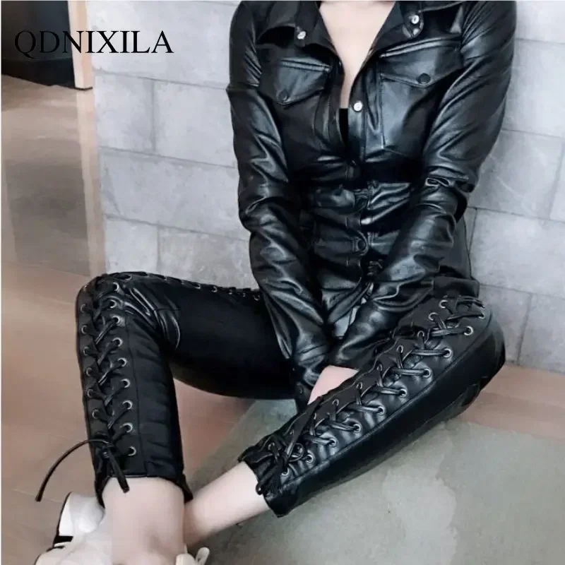 Women's PU Leather Long Sleeve Shirt, Versatile Top, Slim Top, European,Leather Women Shirts and Blouses