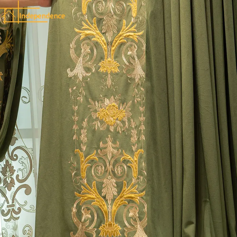

American Retro Green Embroidered Velvet Thick Curtains for Living Room Bedroom Balcony Customized Window Screen Products