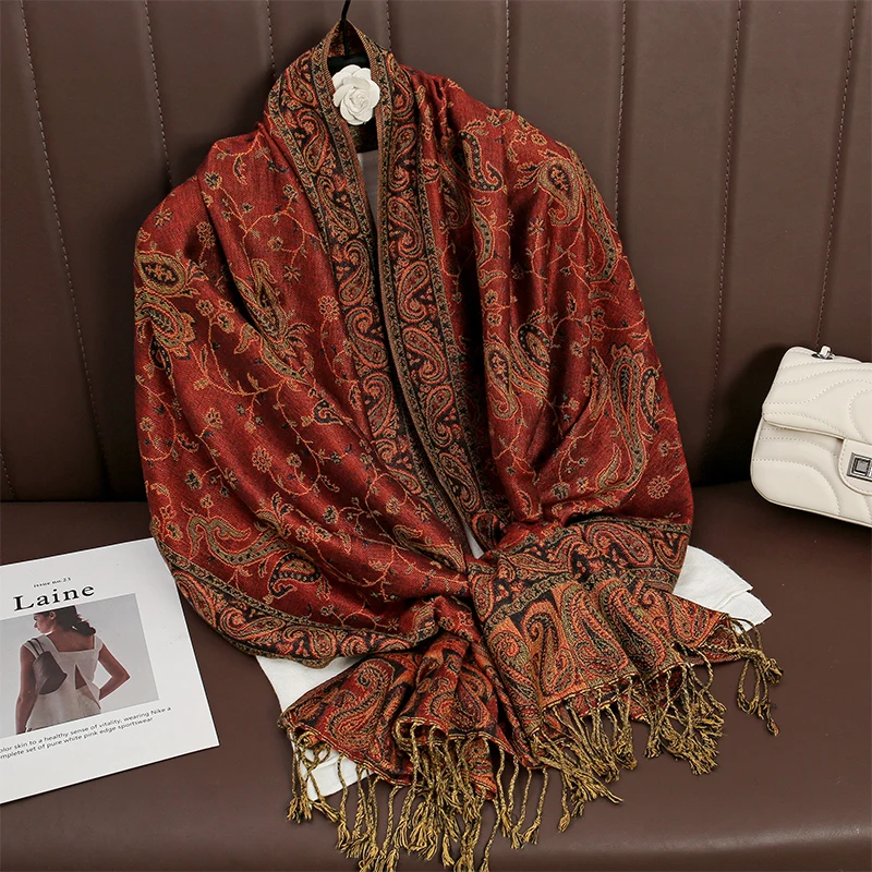 Women National Style Flower Pattern Scarf Jacquard Pashmina Cashmere Tassel Classic Shawl Coldproof Warm Neck Protection