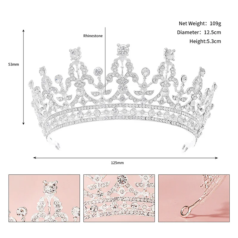 신부 라인스톤 크리스탈 왕관 티아라, 퀸 코로나용 웨딩 액세서리, 핫 세일