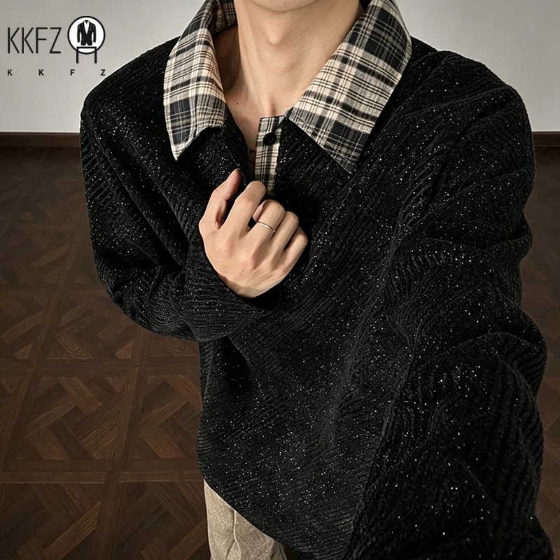 Mens V Neck Corduroy Pullover With Plaid Lapel Collar Long Sleeve Diagonal Texture Loose Casual Autumn Top