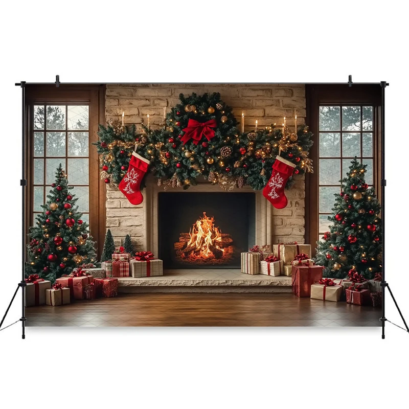 Mocsicka Christmas Photography Backdrop Home New Year Party Tree Fireplace Decorations Family Photo Backgrounds Studio Wallpaper
