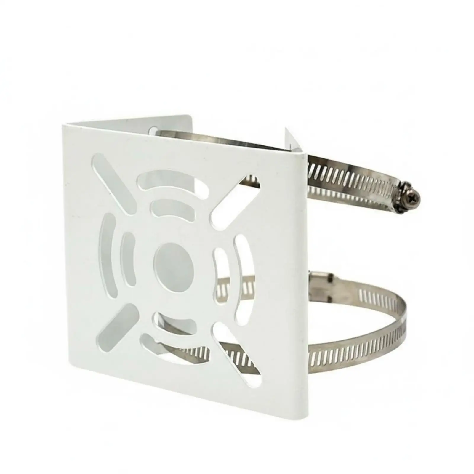 Camera Pole Bracket Steel Mounting Plate with Dual Hose Clamps for Secure Attachment to Round Post or Pole