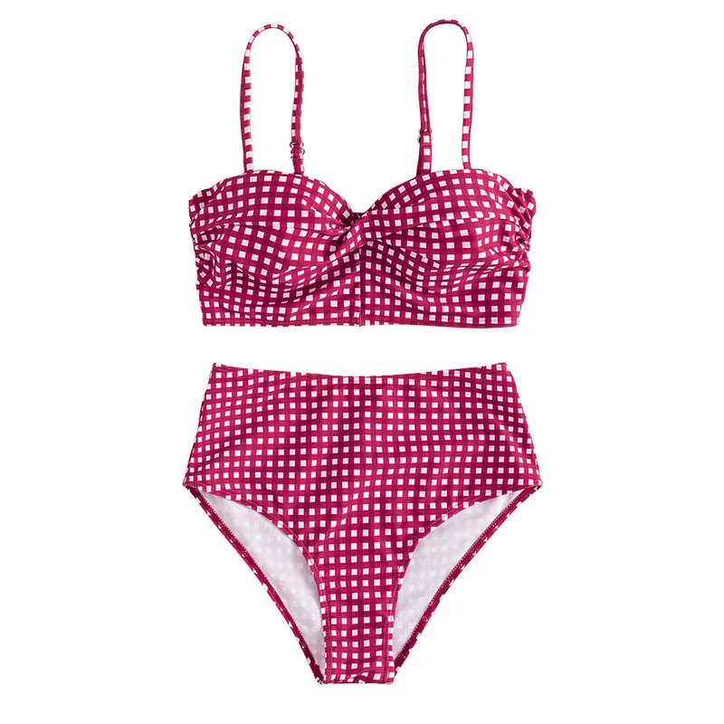 Women Sexy Sweet Plaid Print Simple High Waist Halter Cross Strap Bandage Split Bikini Swimsuit