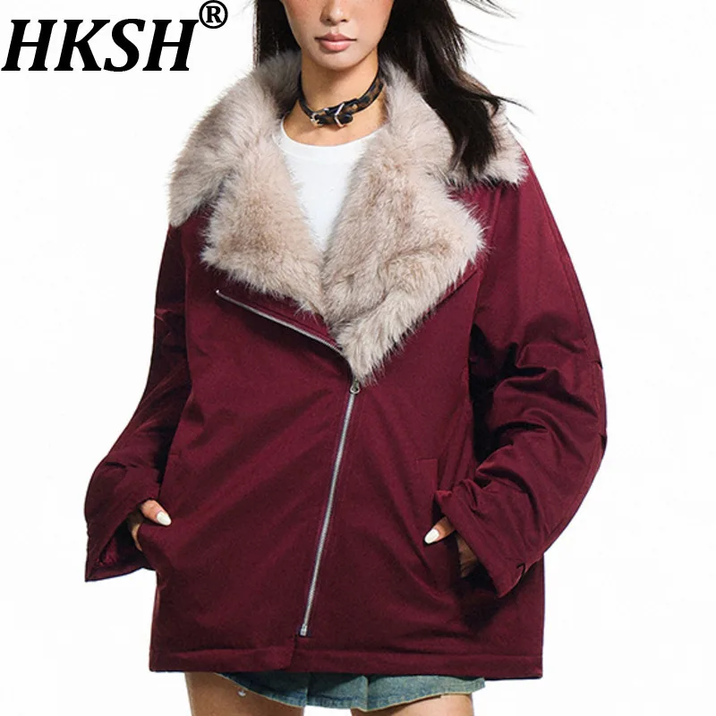 

HKSH 2025 Winter New Women's Warm Padded Coat Fur Collar Diagonal Zipper Versatile American Retro ColdProof Thick Jacket HK14708