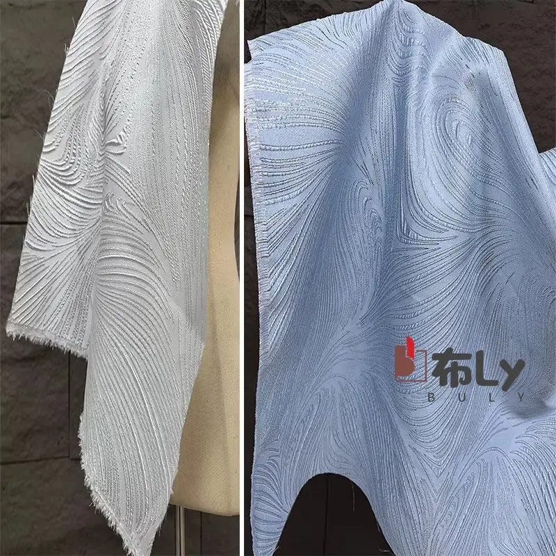 Blue Silver Silk Wave Jacquard Fabric, Glossy Texture Cloth for Hanfu Evening Dress Design & Art Decoration Material