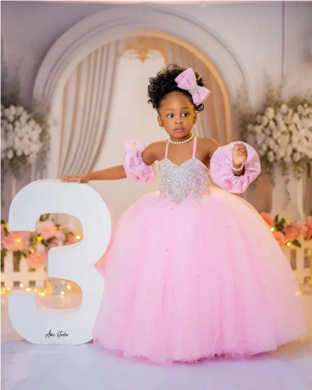 결혼식을위한 귀여운 꽃의 소녀 드레스 핑크 반짝 이는 스팽글 스파게티 스트랩 Tulle 드레스 아기 사랑스러운 생일 파티 공 가운