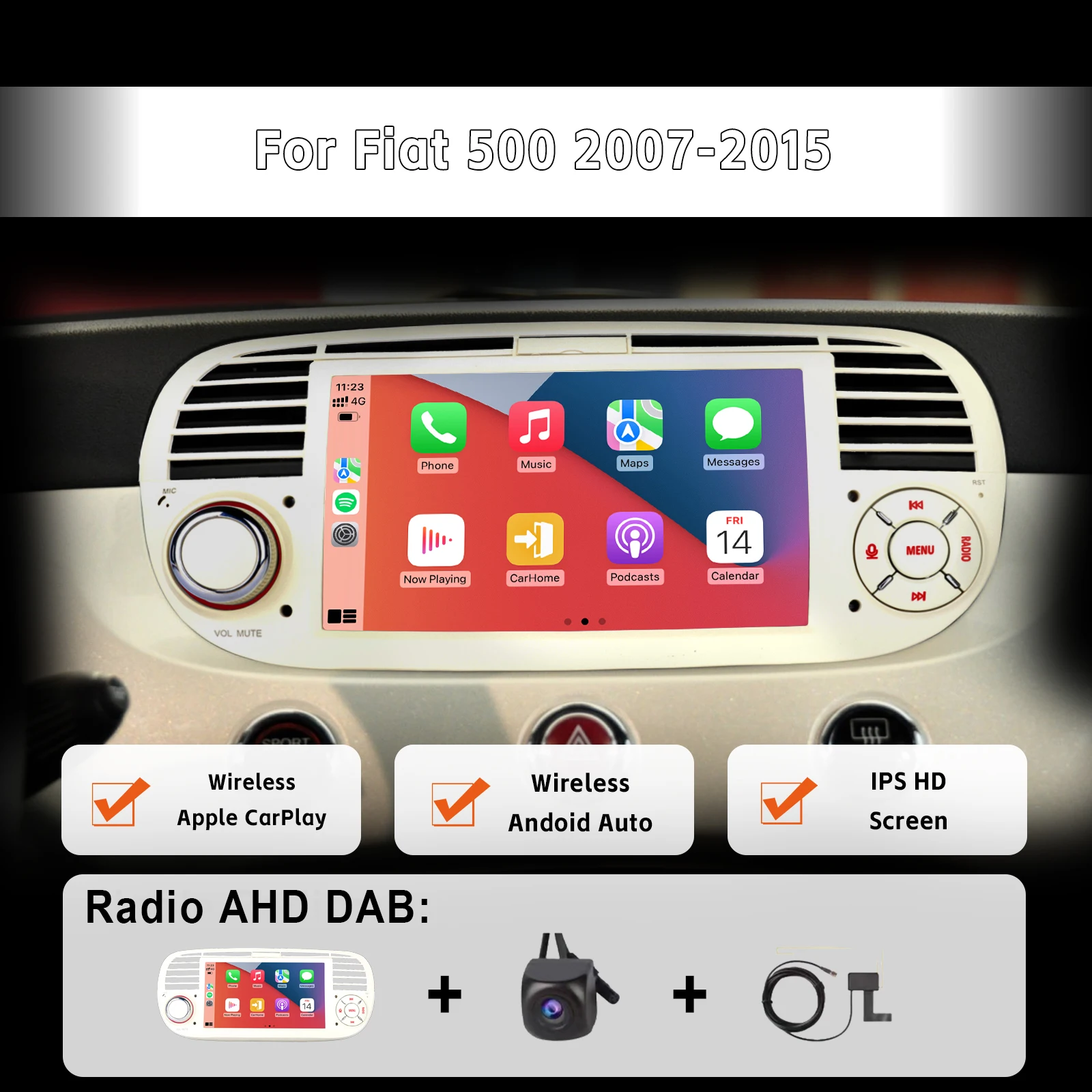 7 "Autoradio Met Draadloze Carplay Android Auto Swips Touchscreen High Power Dab + Ahd Achteruitkijkcamera Voor Fiat 500 2007-2015
