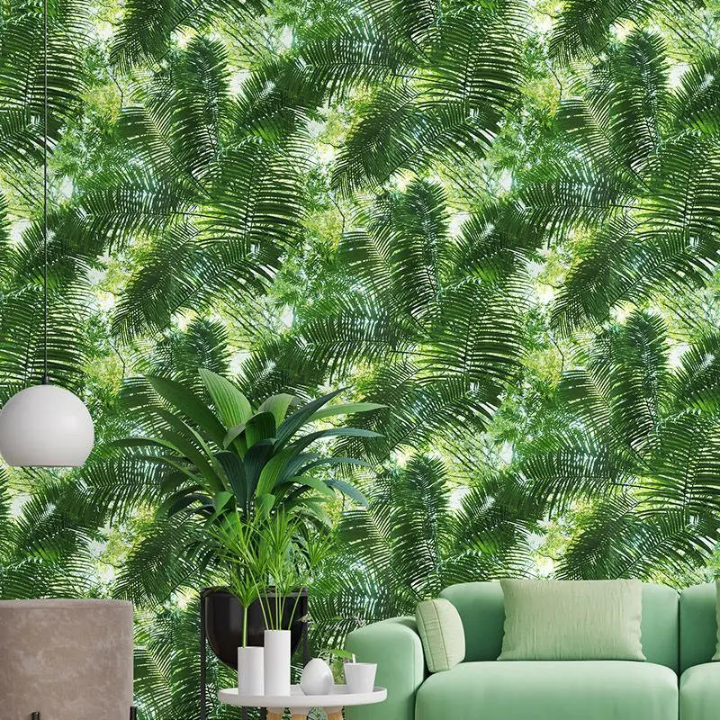 Vintage Fern Leaves Wall Papers Home Resturant Decor Tropical Rainforest Green Leaves Dining Room Wallpapers Roll Waterproof PVC