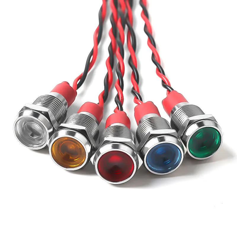 10mm LED Metal Indicator Light, High-Brightness Flat with Wire, Red, Green, Yellow, Blue and White, 12V / 220V Signal Light