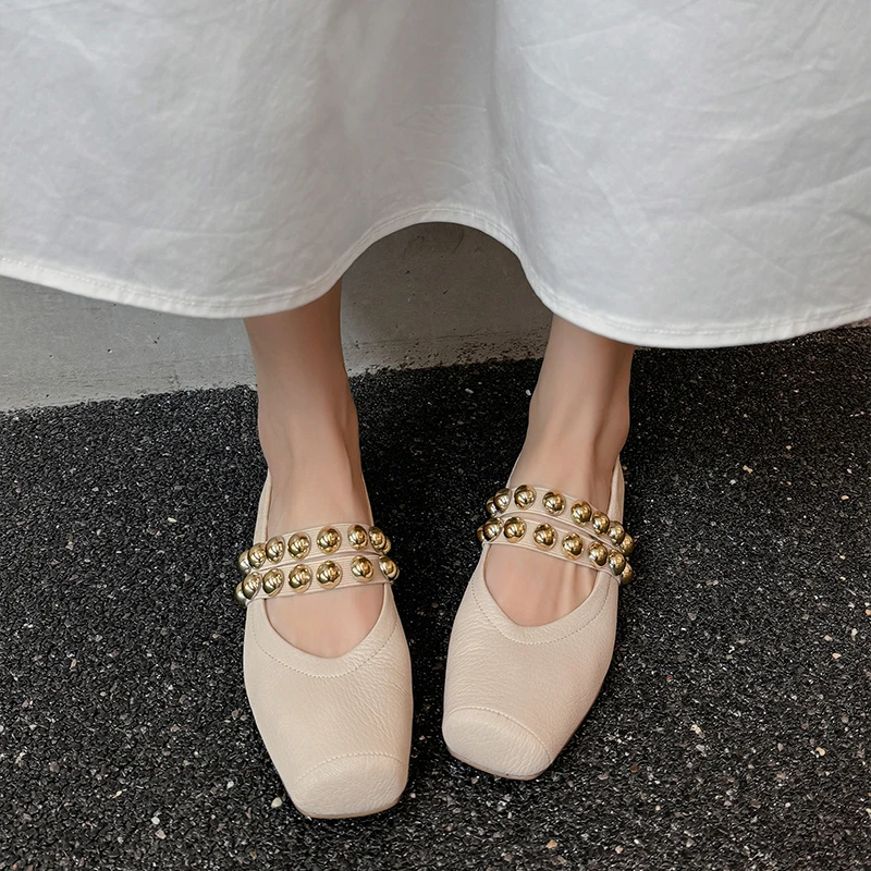 Women's Soft Leather Ballet Pumps with Square Toe and Double Strap Detail, Gold-Tone Studs Flat Heel Mary Jane Shoes