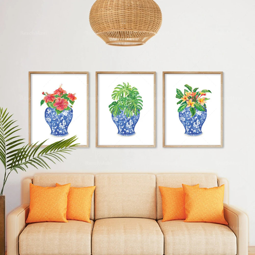 （Unframe 3PCS）-Blue and white Chinese watercolor vase printable art set of 3 prints, tropical Chinese style printed bright va
