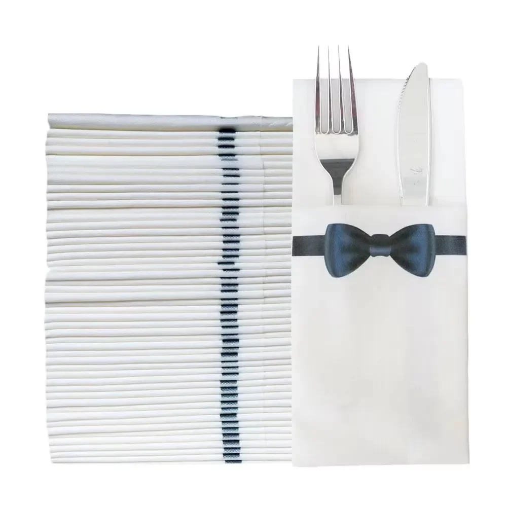 50PCS Wedding Tie-Bow Paper Napkins 40*40CM Disposable Prefolded Cloth Like Napkins with Built-in Flatware Pocket for Wedding