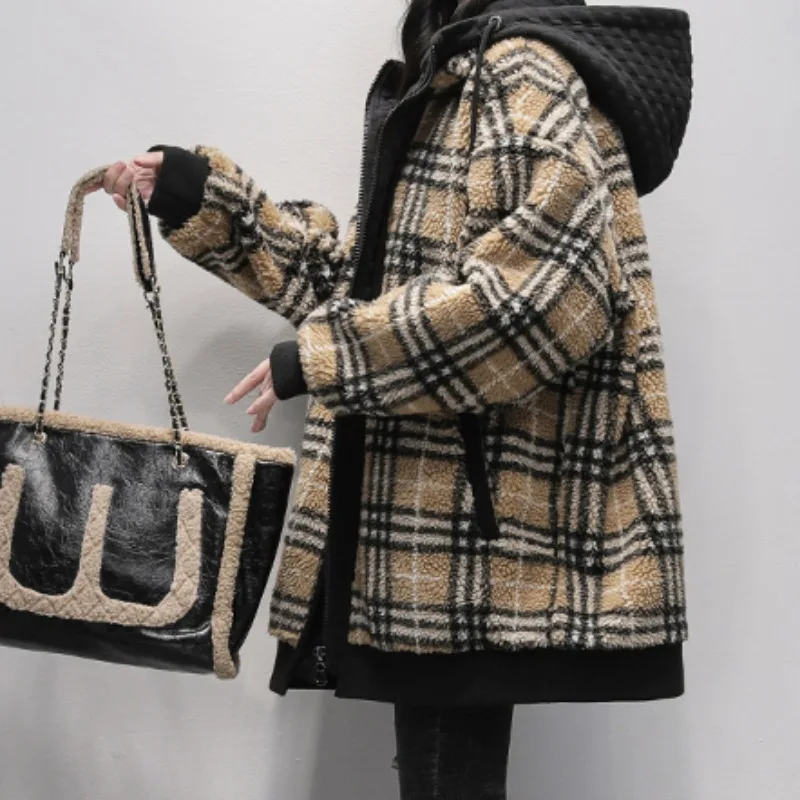 منقوشة الجسيمات Fce ort Jaet المرأة Thiened طويلة Sve مقنعين Faion التخسيس معطف فرو الضأن الشتاء تخفيف Sle