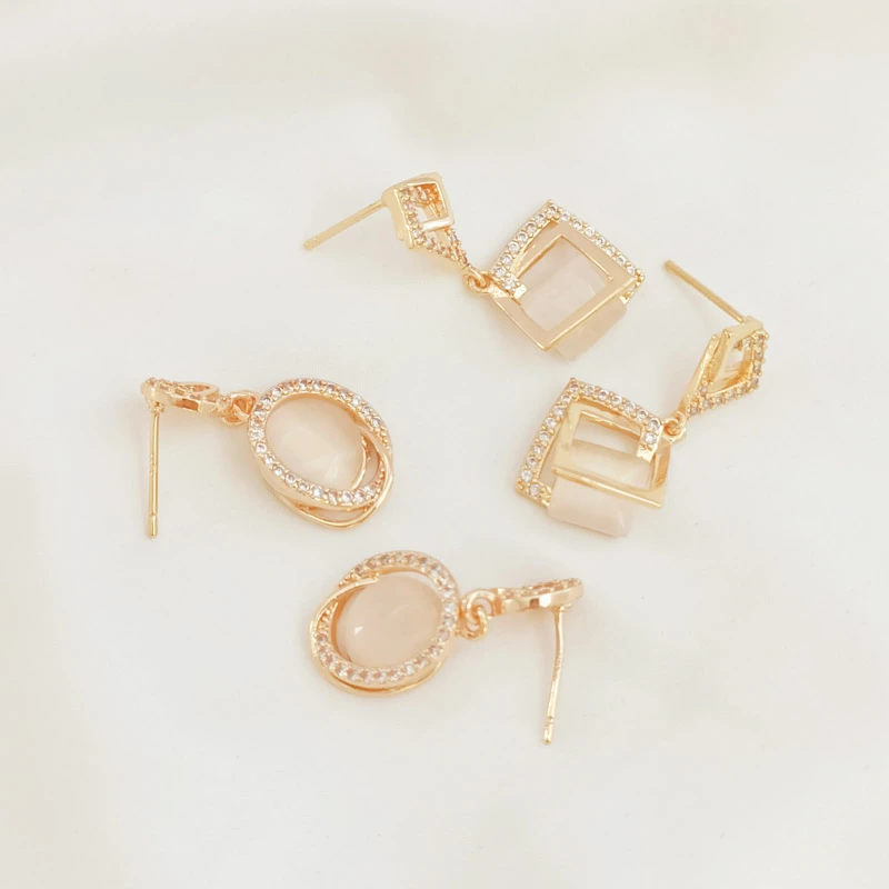 2 Pairs New14K Copper Clad Gold Inlaid Zircon Sticky Cat Eyes Geometrically Exquisite Earrings Square Oval S925 Earpin Earrings