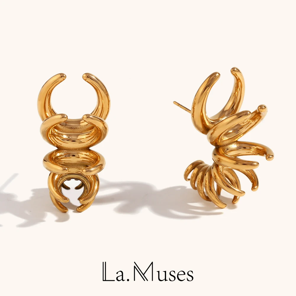 La. Muses Elegant Gradient Blooming Petals Gold Silver Color C- Shaped Stainless Steel Earrings Luxury Quality Jewelry For Woman