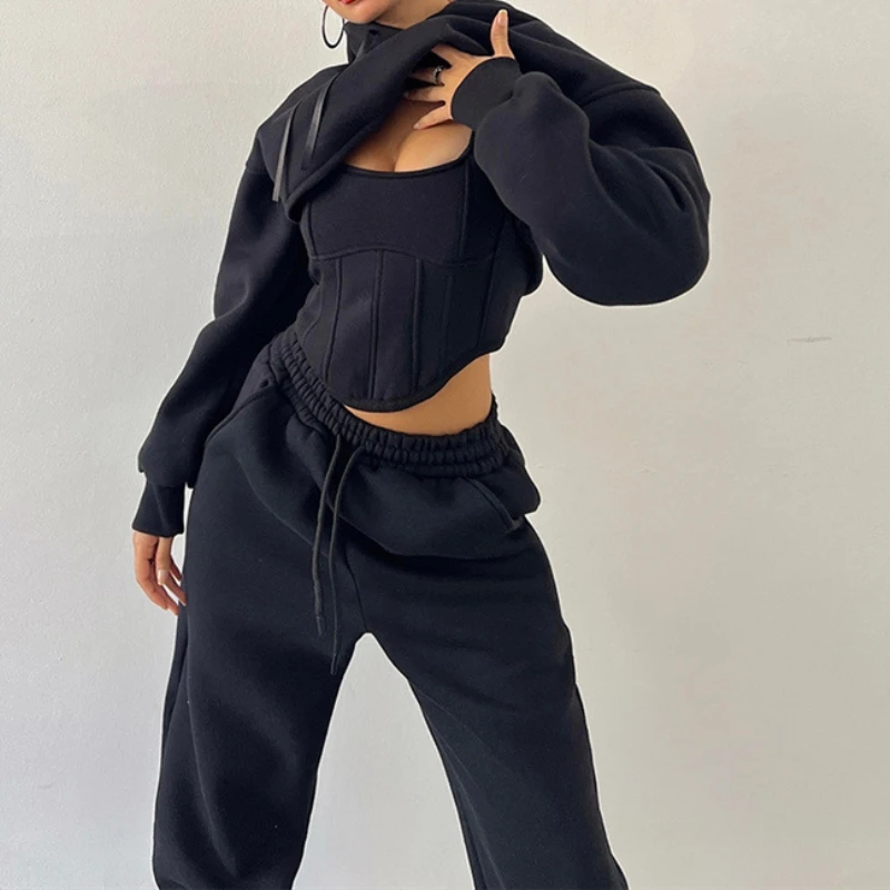 

Autumn Winter Women's Casual Hoodie Strap Waist Vest Long Pants Tee-piece Set Faionable Comfortable Streetwear Ensemble