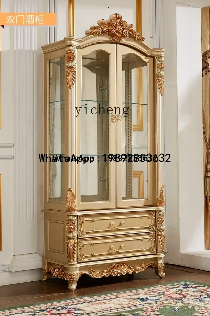 

G1 solid wood double-door wine cabinet, champagne-colored side cabinet, simple European carved single-door glass wine cabinet