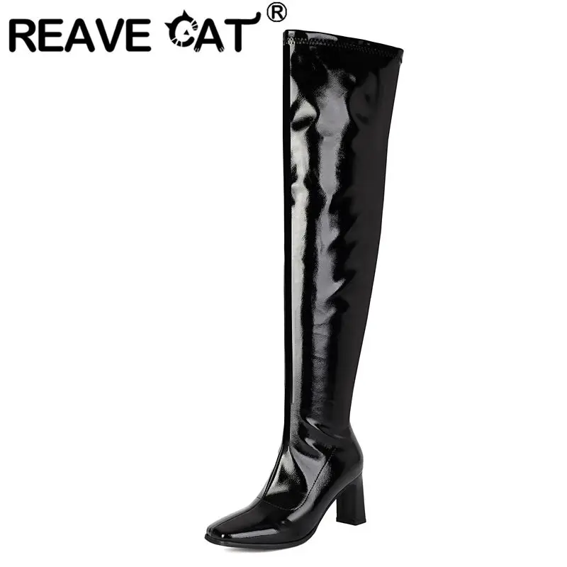 

Сексуальные женские ботфорты REAVE CAT красного цвета, блестящие, с квадратным носком, на каблуке 7 см, на молнии, большие размеры 45, 46, 47, 48, для свиданий