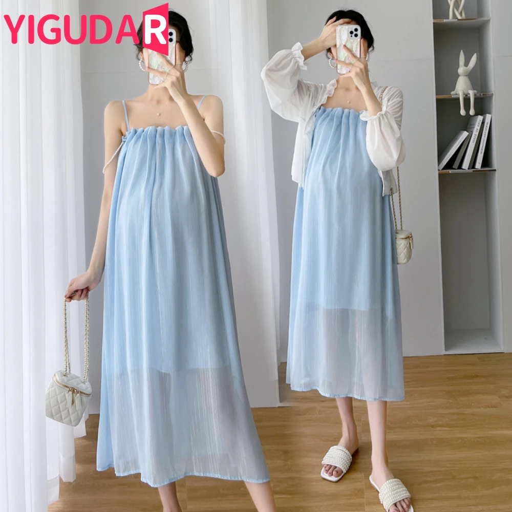 

2024 Fashion Pregnant Women's Dress Summer Fashionable Super Immortal Pregnant Women's Sling Sunscreen Shirt Two Piece Set