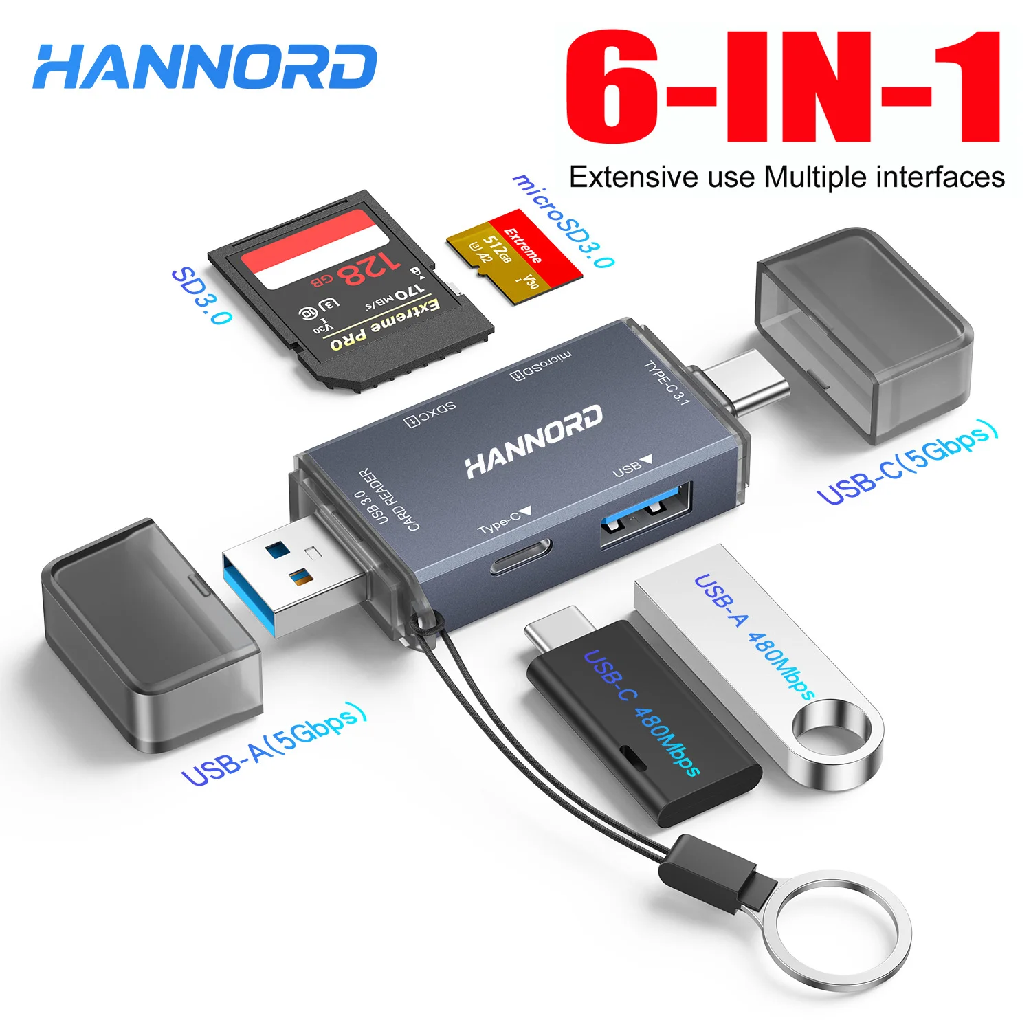 

Hannord USB 3.0 Type C Card Reader Adapter 6 in 1 SD TF Card Reader OTG Flash Drive with USB-C Slot for Computer Mobile Phone