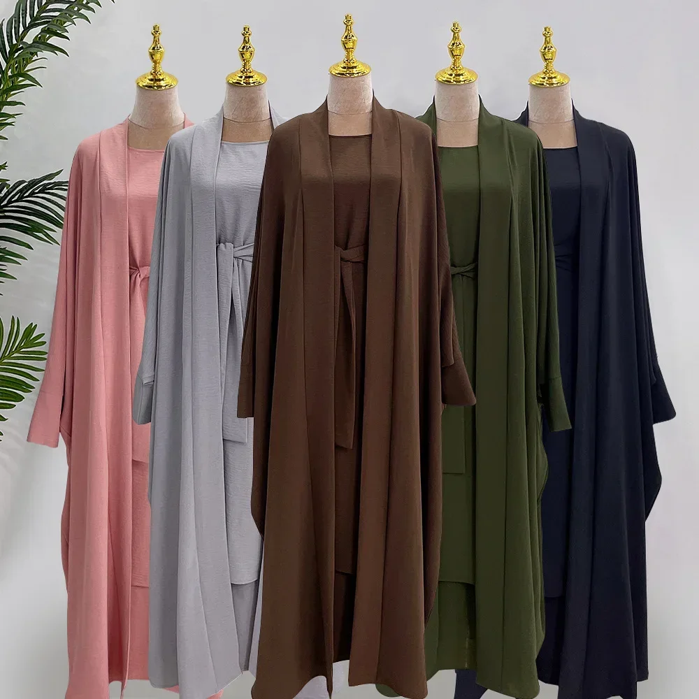 Imagem -06 - Conjuntos Muçulmanos Peças Combinando Abaya Quimono Crinkle Abayas para Mulheres Dubai Turquia Hijab Vestido Interno Islam Ternos Roupas Ramadan