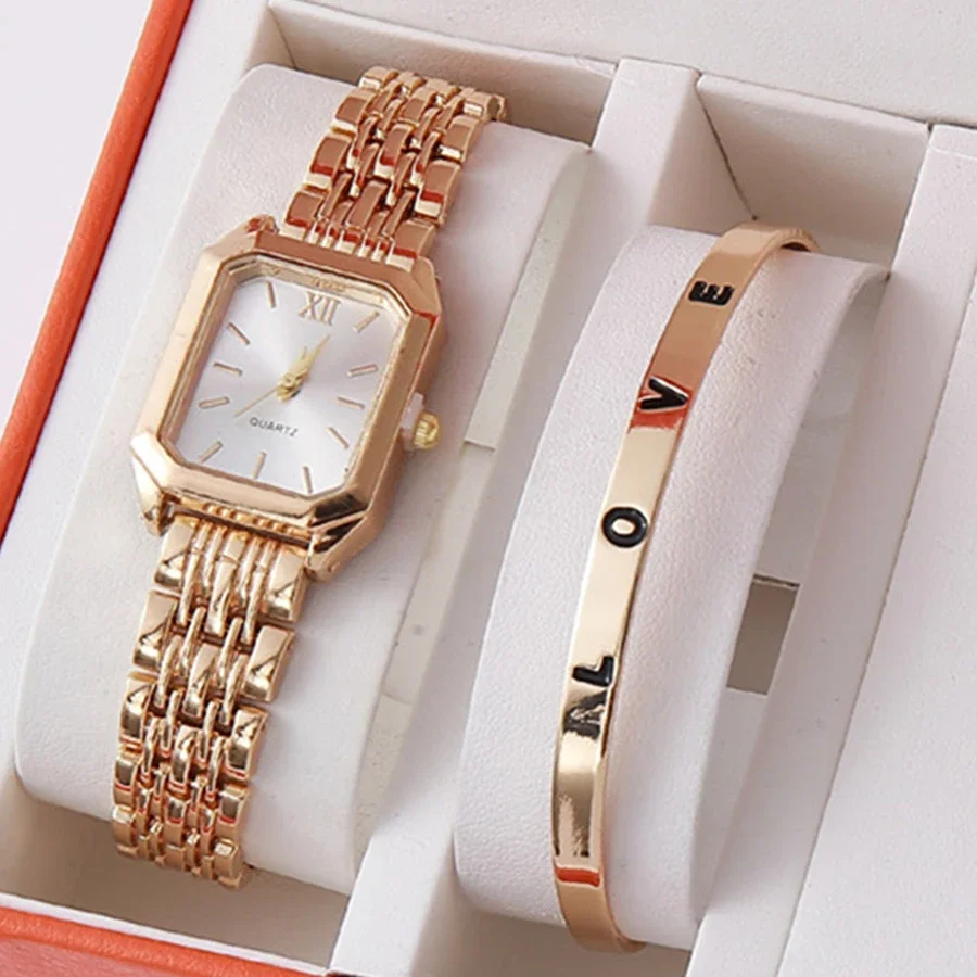 Luxury Quartz Watch Set For Women, Fashion Alloy Bracelet, Ladies Business Watches, Gold Plated Quality Square, Folding Watch