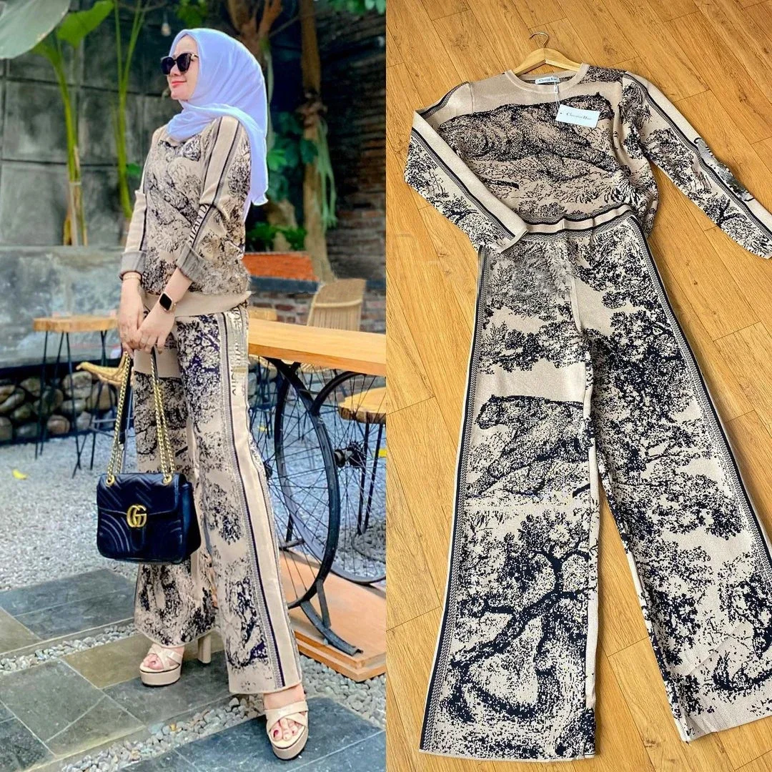 Vintage Jungle Knit Suit Muslim Sets Middle East Dubai Fashion Women's Clothing Print Tops + Wide Leg Pants 2ps Womens Outfits