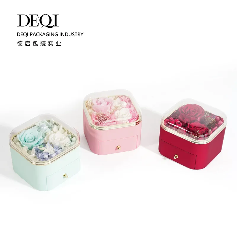 Luxury Design Preserved Fresh Flower Jewelry Box with Drawer Rings Necklace Jewel Storage Case Birthday Valentine's Day Git Box