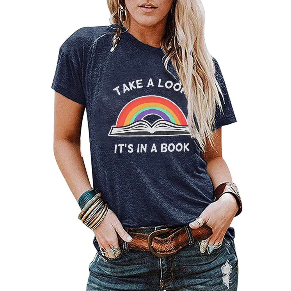 

Take A Look Its in A Book T Shirt women Rainbow Book Graphic Tees Reading Book Lover Tees Casual Inspirational Short Sleeve Tops