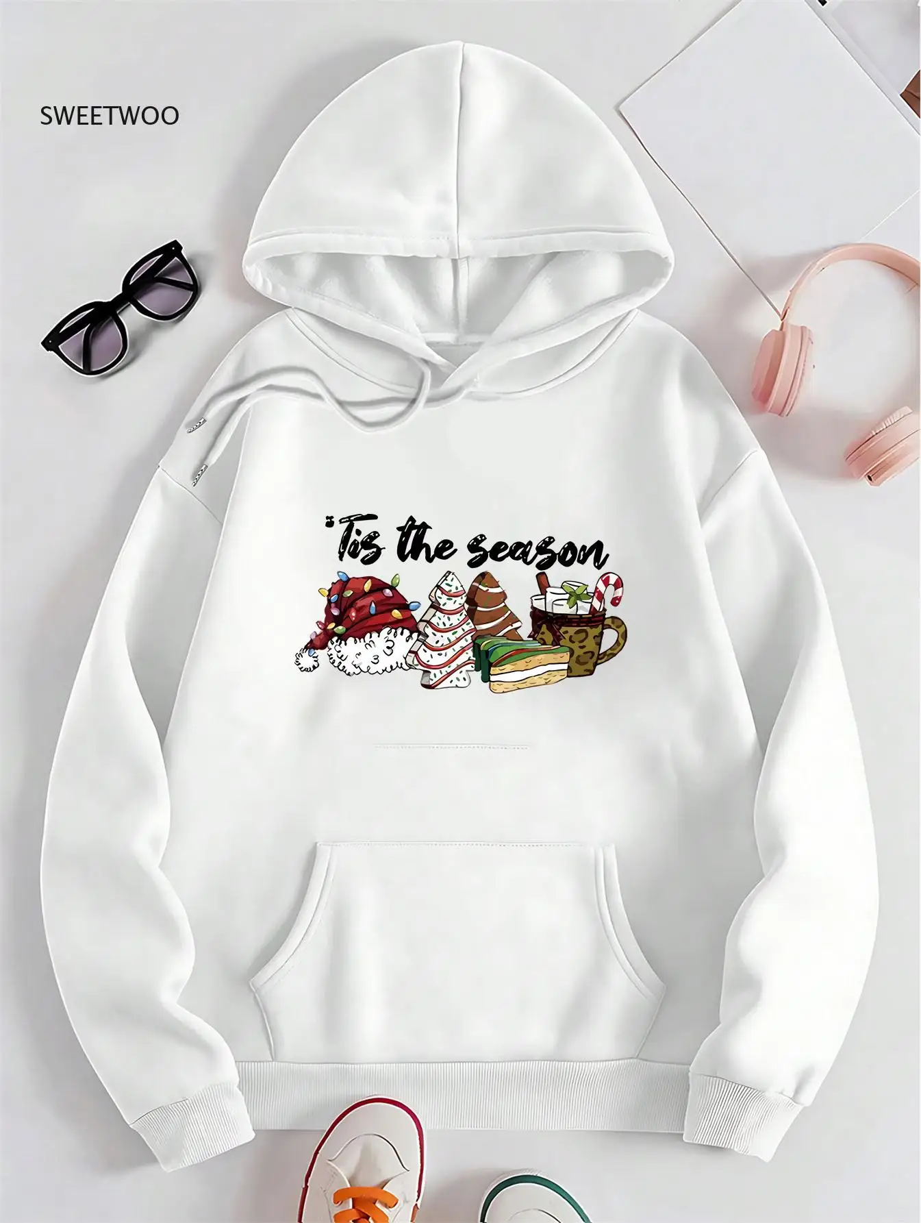 

Женская уютная флисовая толстовка с праздничным рождественским принтом — дизайн «tis The Season», конфеты, трости и снежинки, длинные рукава