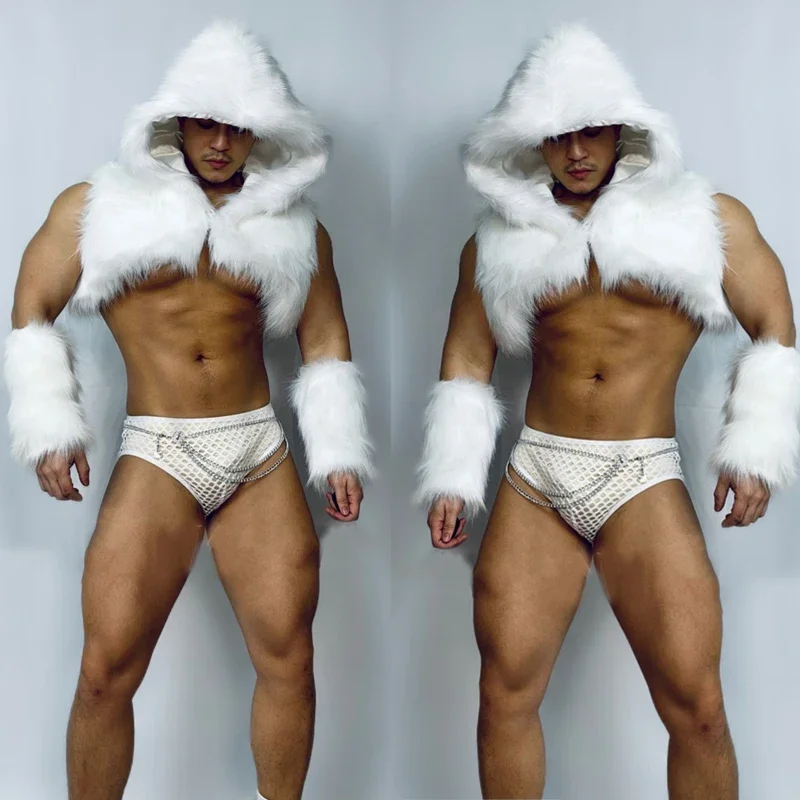 

Men'S Nightclub Bar Gogo Dancer Costume Sexy White Hooded Fur Vest Suit Burning Man Stage Rave Outfit Pole Dance Clothing