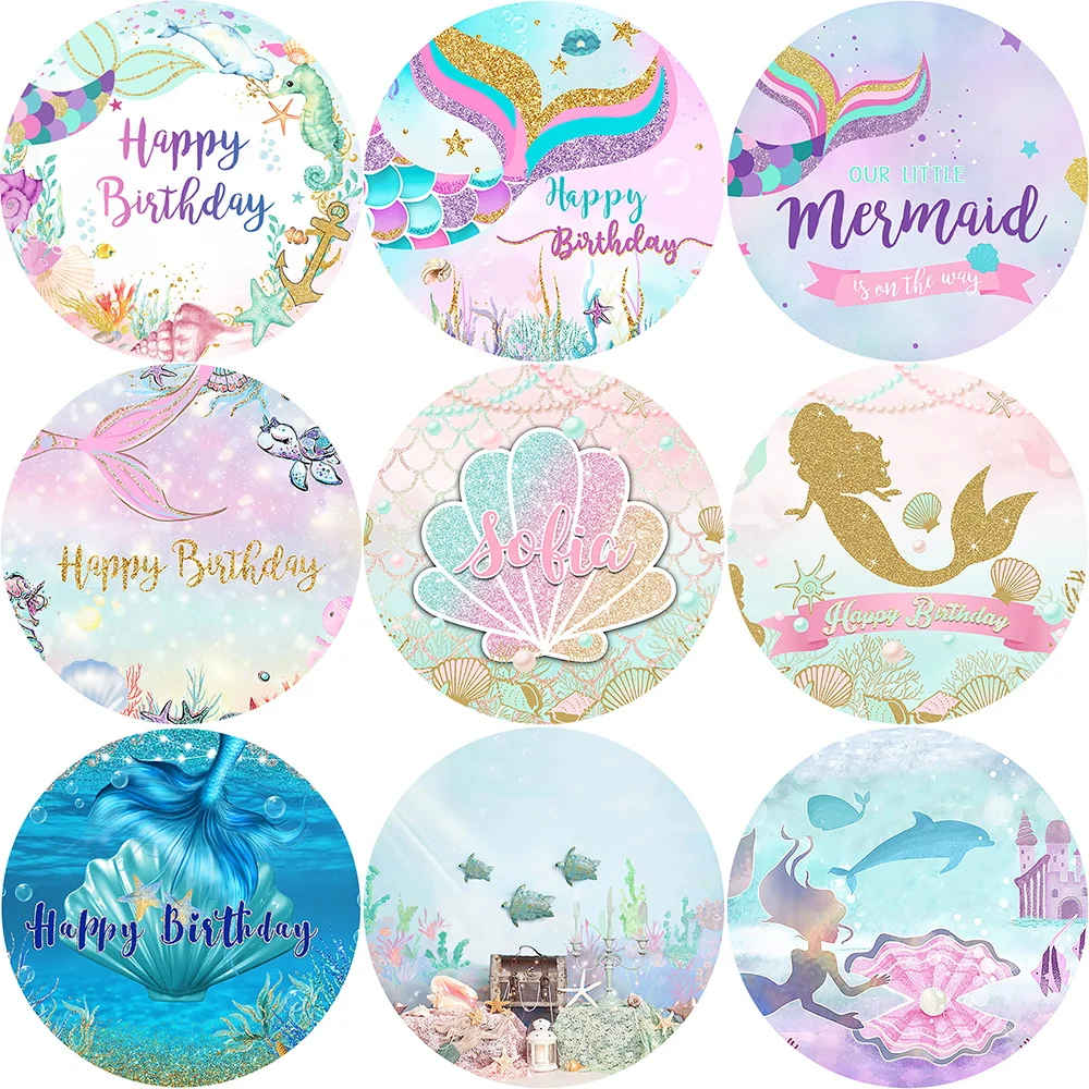 

Mocsicka Mermaid Kids Birthday Backdrop Undersea Fish Scale Background Circle Banner Baby Birthday Party Round Background