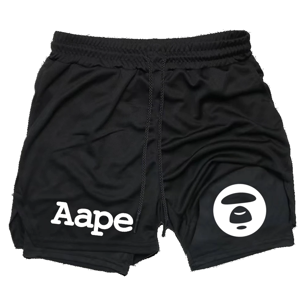 

Men 2 In 1 Double Layer Mesh Shorts Aape Printed Quick Dry Running Gym Shorts Summer Breathable Basketball Fitness Streetwear Ca