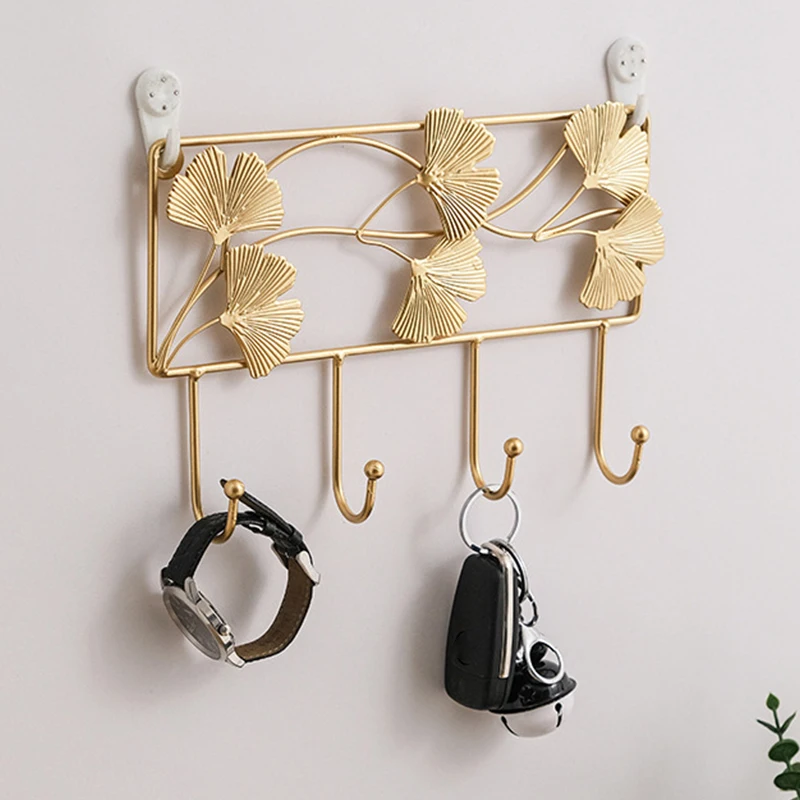 Metal Ginkgo Leaf Hooks Key Holder Wall Mounted Home Decorative Key HolderHanger Organizer Hat Handbag Umbrella Towel Rack