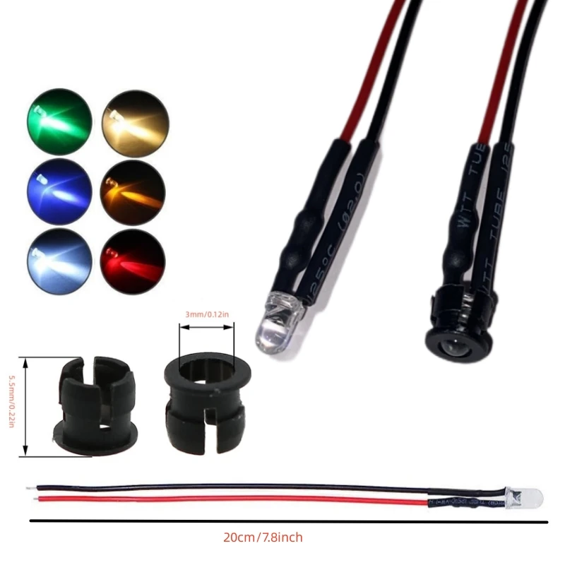 20 sets 12V 3mm LED light-emitting diode pre-wired 7.9-inch DC 12V LED lamp clear lens small white red blue green yellow
