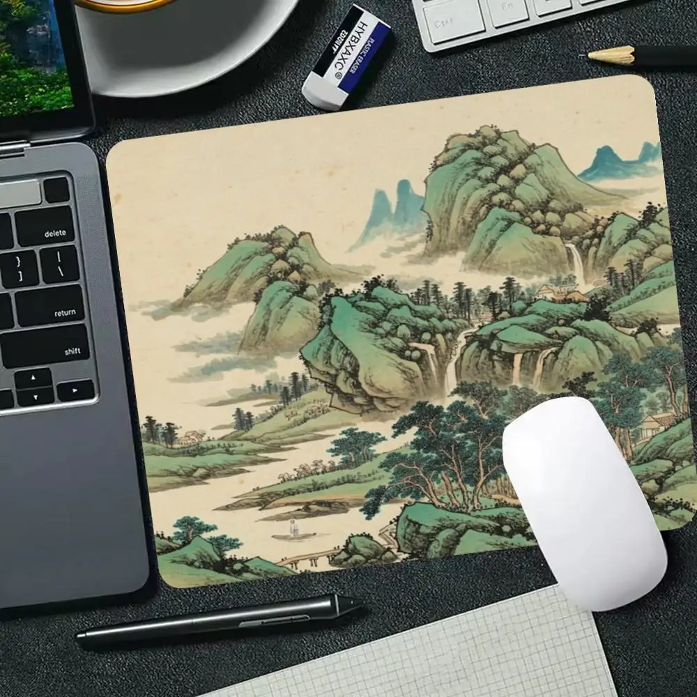 Chinese Traditional Green Ink Pine Mountain Landscape Small Mouse Pad Speed Mousepad Gamer Premium E-Sports Mat For Laptop