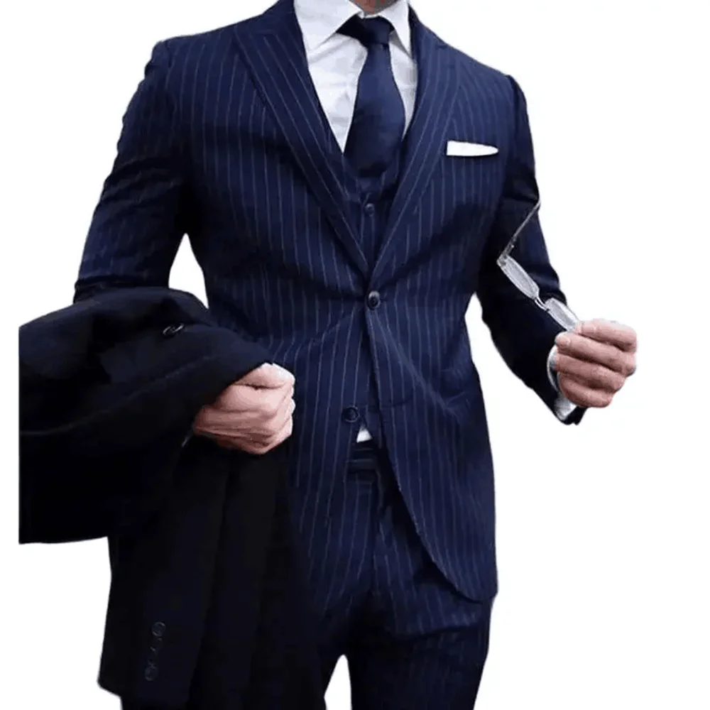 Navy Blue Striped 3 Piece Suits for Men Slim Fit Groom Tuxedos Peak Lapel Business Formal Party Blazer Vest Pants Costume Homme