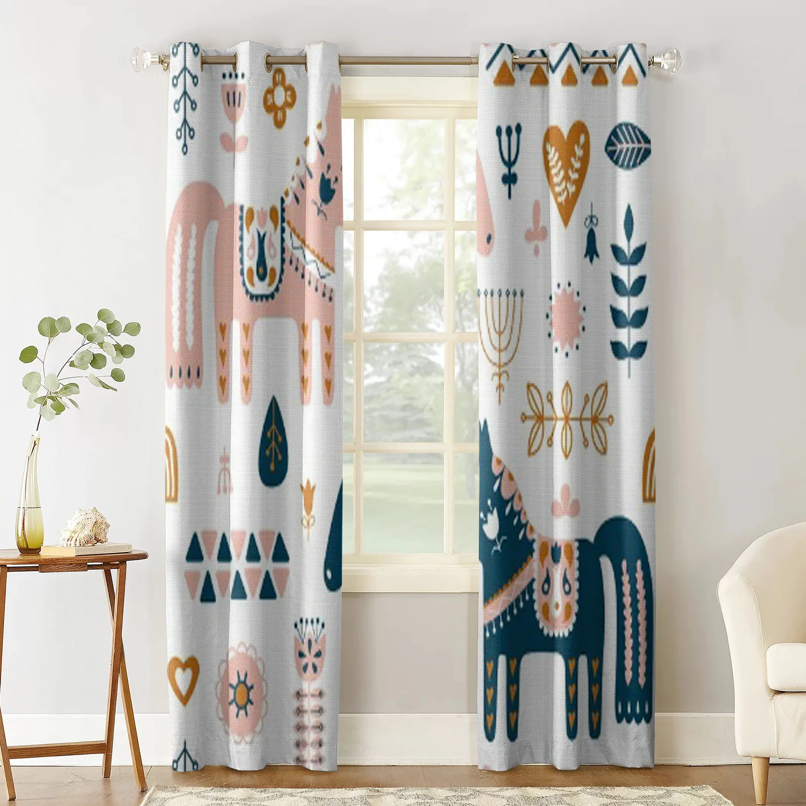 Nordic Repeating Pattern With Dala Horse And Forest Floral Window Curtains for Bedroom Dining Room Living Room Grommet Curtains