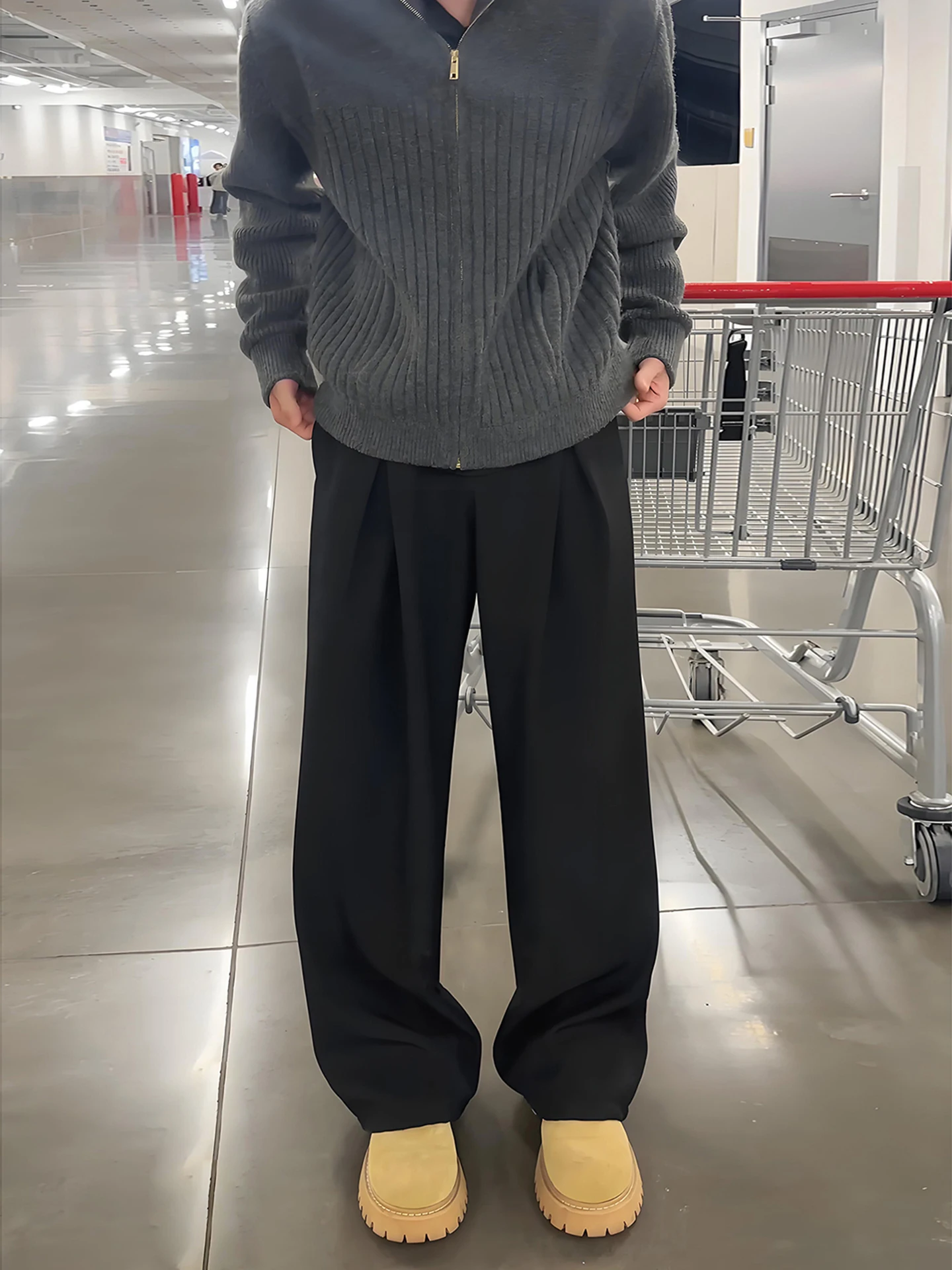 

Bla Thiened Fce Wide Leg Men's Casual Pants Autumn Winter Drapey Pleated Straight Tube Long Trousers Comfortable Fit