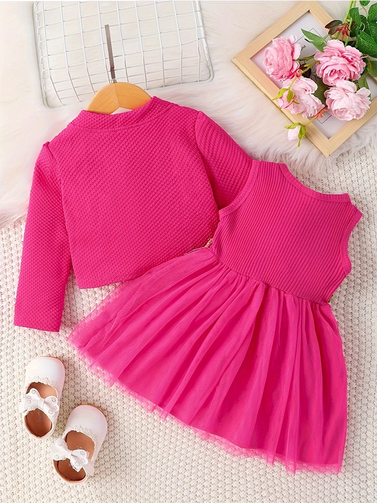 Baby girl single breasted jacket with patchwork mesh, waist flower sweet dress for spring and autumn