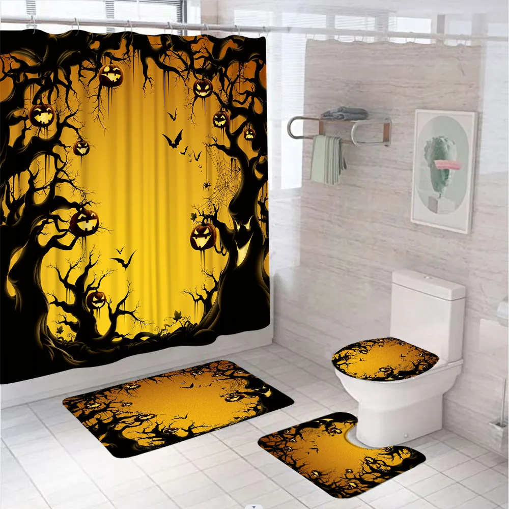 4Pcs Halloween Shower Curtain Set with Rugs Toilet Cover Bath Mat Bathroom Decor Pumpkin Horrible Night Moon Fabric Screen Home